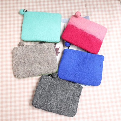 Handmade Wool Felt Coin Purse Forest Animal Hedgehog Mushroom Zipper Pouch Cute Soft Mini Bag Small Item Storage