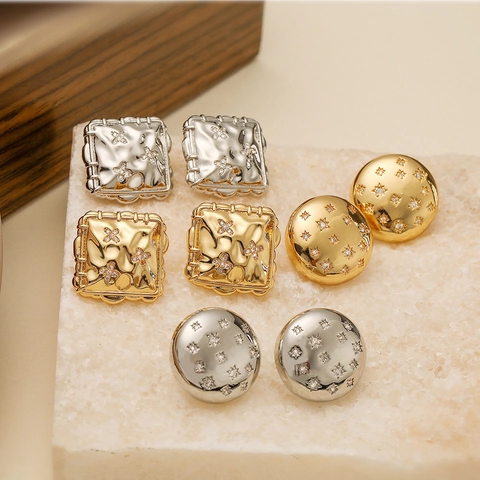 Hammered Copper Stud Earrings For Women 18K Gold Plated Zircon Geometric Square Round INS Style Minimalist Jewelry