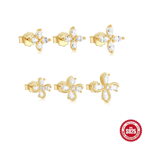 925 Sterling Silver Stud Earrings Flower Four Leaf Clover Shape Sparkling Cubic Zirconia Gold Plated Elegant Jewelry For Women