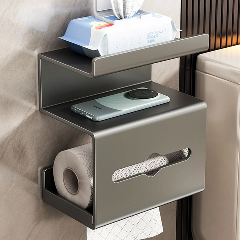 Bathroom Tissue Box Storage Rack Wall Mounted Toilet Paper Holder With Phone Shelf Punch-Free Multi-Functional