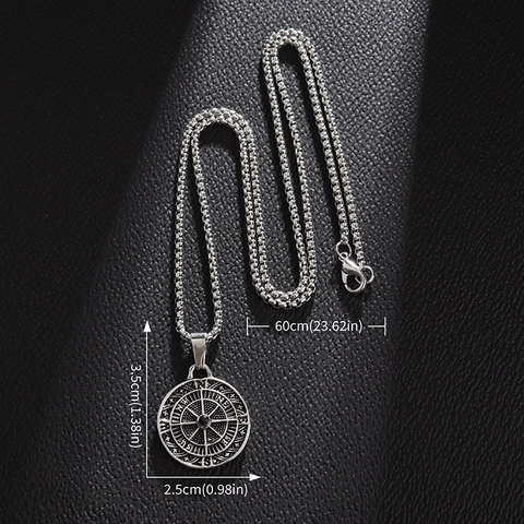 Vintage Compass Pendant Necklace Silver Color Alloy Round Medallion Retro Fashion Jewelry For Men Unisex Box Chain