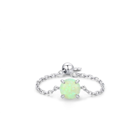925 Sterling Silver Adjustable Chain Ring For Women Round Opal Gemstone Minimalist Tiny Slider Bead Finger Jewelry