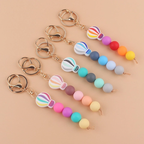 Cartoon Hot Air Balloon Silicone Beaded Keychain Striped Bead Key Ring Bag Pendant Charm For Women Girls Graduation Gift