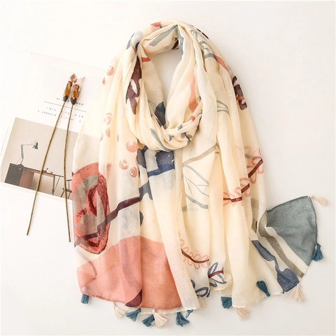 Floral Print Scarf Shawl Lightweight Polyester Cotton Linen Feel With Tassels Retro Thin Breathable Beach Wrap For Women