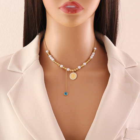 Collana Di Perline In Acciaio Inossidabile Con Ciondolo Moneta Ritratto Di Perla Artificial Imitazione E Fascino Malocchio Per Donna