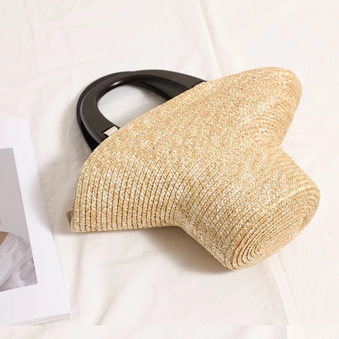 Bolso De Mano De Paja Trenzada Con Asas De Madera Vacaciones De Verano En La Playa Bolso De Viaje Khaki Cremallera