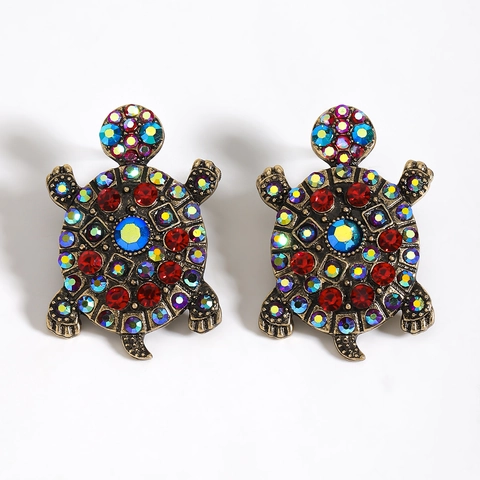Vintage Alloy Colorful Rhinestone Sea Turtle Stud Earrings For Women Retro Animal Shape Multi Color Jewelry Gift