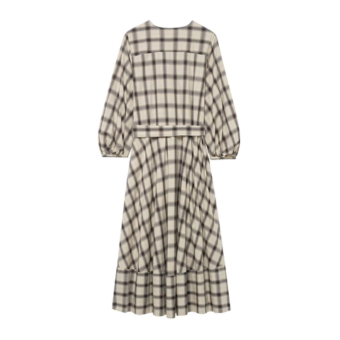 Vintage Plaid Maxi Kleid Acetat Satin Rundhalsausschnitt Lange Puffärmel Elegant Hemd Stil Mit Gürtel