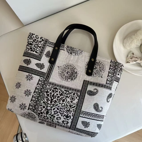 Vintage Paisley Print Tote Τσάντα Βαμβακερή Λινή Καμβά Τσάντα Χειρός Με Λαβές Από Δέρμα PU Ρετρό Τσάντα Ώμου Μεγάλης Χωρητικότητας