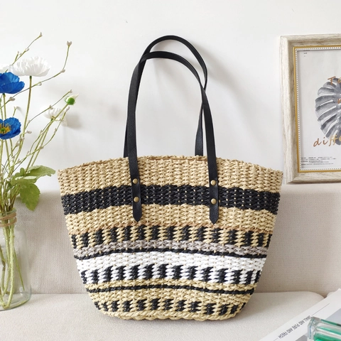 Borsa Tote Intrecciata A Righe Color Block Fatta A Mano Carta Di Paglia Grande Borsa A Spalla Donna Spiaggia Vacanze
