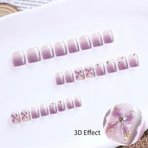 Violette Gradient Press On Nägel Kurze Quadratische Form Mit 3D Blume Und Straßstein Dekor Künstliche Nägel