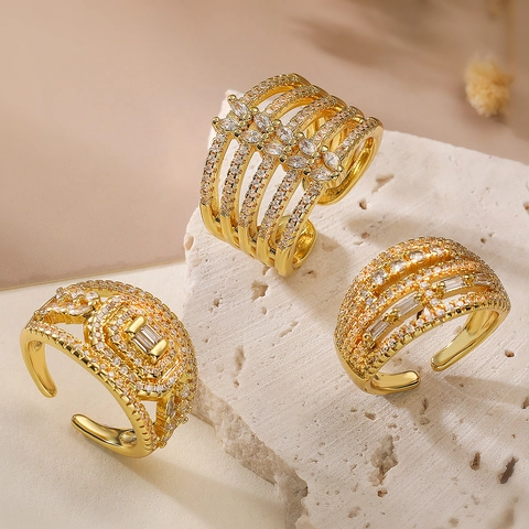 European Fashion Copper Gold Plated Zirconia Geometric Open Ring For Women Adjustable Minimalist Jewelry Finger Ring