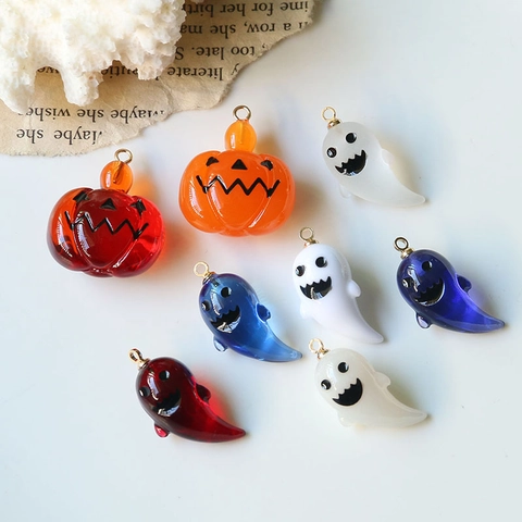 Halloween Zucca Fantasma Charms Resina Tridimensionale Dipinto A Mano DIY Gioielli Risultati Con Anello In Metallo Pendenti