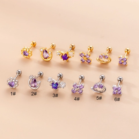 Cartilage Stud Earrings Stainless Steel Screw Back Copper Inlaid Purple Zircon Flower Cross Heart Dainty Piercing Jewelry