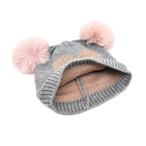 Kinder Mädchen Winter Strickmütze Doppelbommel Herzmuster Warm Acryl Rippstrick Kappe Süß