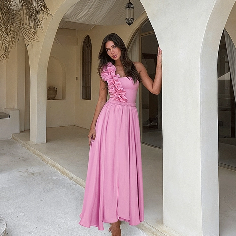 Bañador De Una Pieza Rosa Con Volantes Un Hombro Y Falda Larga Para Mujer Color Sólido Nailon Vacaciones Playa