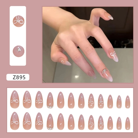 Uñas Postizas Press On Largas Almendra Degradado Rosa Blanco Lazo Diamantes Perla Artificial Elegantes De Plástico Para Mujeres