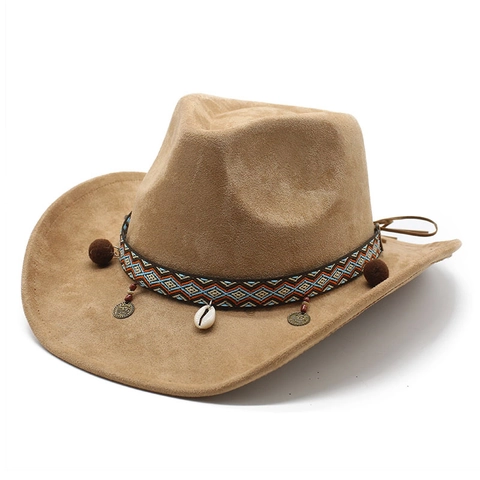 Western Cowboy Fedora Hut Wildleder Boho Ethnisch Gewebtes Band Mit Muschel Metallmünze Vintage Jazz Hut Unisex