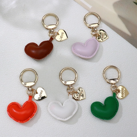 Leather Heart Keychain With Love Engraved Metal Tag Cute Bag Charm Pendant Aesthetic Accessory For Women Girls