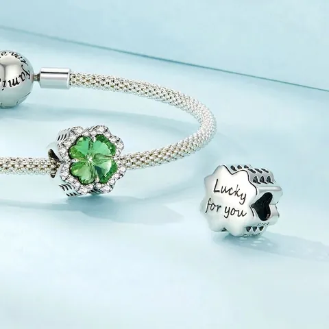 925 Sterling Silver Green Four-leaf Clover Charm Bead Zirconia Glass Inlaid Hollow Lucky Beads Jewelry For DIY Bracelet
