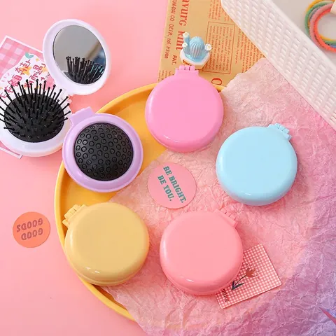 Spazzola Per Capelli Pieghevole Con Specchio Mini Rotonda Colore Macaron Plastica Pettine Da Massaggio Per Viaggi