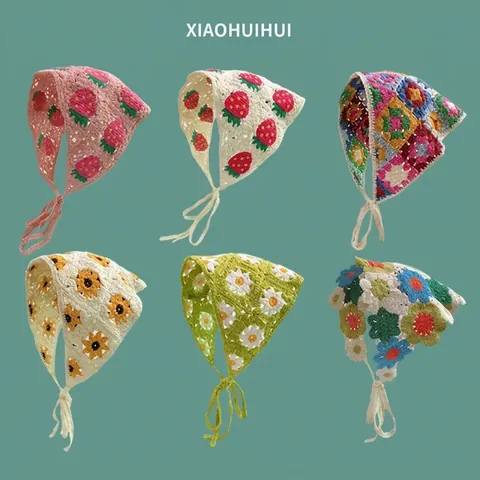 Crochet Triangle Head Scarf Handmade Knitted Bandana Floral Strawberry Daisy Sweet Pastoral Hair Accessory For Women