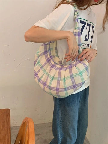 Checkered Canvas Shoulder Bag Ruched Scrunchie Strap Crescent Half Moon Hobo Underarm Bag For Women Casual Daily