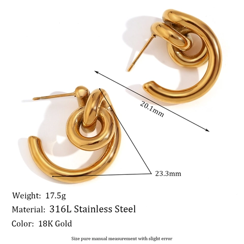 Pendientes de Aro en Forma de C Retorcidos de Acero Inoxidable Bañados en Oro 18K Nudo Geométrico Joyería para Mujer Regalo