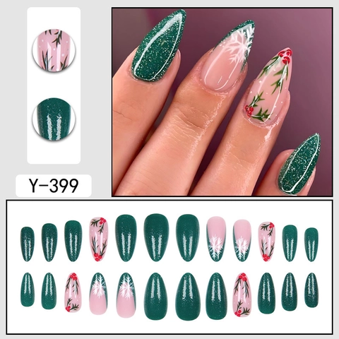 Kerst Press On Nagels Lange Amandel Donkergroen Glitter Sneeuwvlok Hulstbes Acryl Franse Kunstnagels Voor Dames