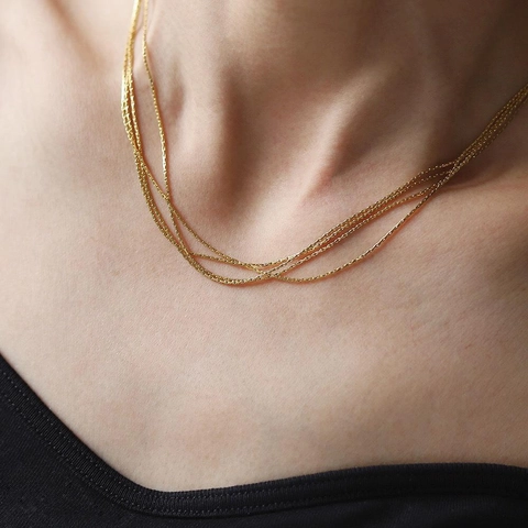 Multi Layered Snake Bone Chain Necklace Stainless Steel Retro Golden Satiny Fine Line Layering Jewelry For Women Elegant