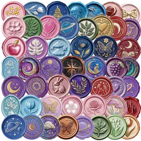 Confezione Adesivi PET Stile Sigillo Ceralacca Vintage Impermeabile Rilievo 3D Fiori Stelle Decalcomanie Decorative Per Journaling Scrapbook