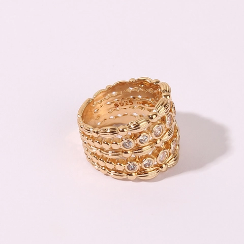Anello In Rame Placcato Oro Da Donna Design A Spiga Di Grano Traforato Multistrato Zircone Scintillante Gioielli Moda