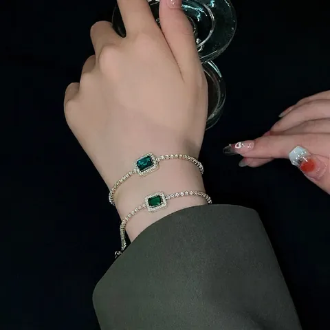 Bracciale Tennis In Zirconia Verde Smeraldo Donne Lusso Quadrato Geometrico Strass Gioielli Di Moda Vintage Accessorio