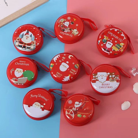 Tinplate Mini Coin Purse Christmas Santa Cartoon Zipper Storage Bag For Earphones Coins Keys With Lanyard Portable Cute