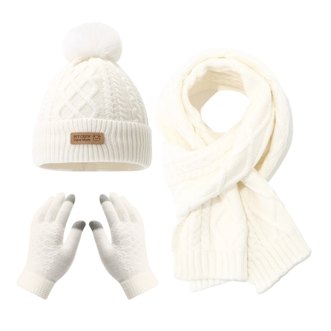 Bambini Inverno Berretto Sciarpa E Guanti Acrilico Maglia A Trecce Foderato In Pile Caldo Pom Pom Touch Screen Per Bambini