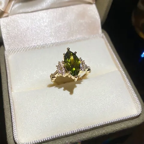Marquise Green Zircon Open Ring 14K Gold Plated Copper Adjustable Vintage Light Luxury French Style Hand Jewelry Women