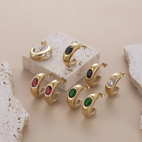 Minimalist Titanium Steel C-Shape Stud Earrings With Oval Zirconia Inlaid Gold Fashion Jewelry For Women Elegant Earring Accessorie