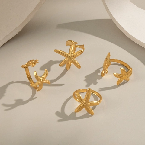 Ocean Starfish Turtle Dolphin Crab Stainless Steel Ring Adjustable Gold Sea Jewelry For Women Waterproof Hypoallergenic