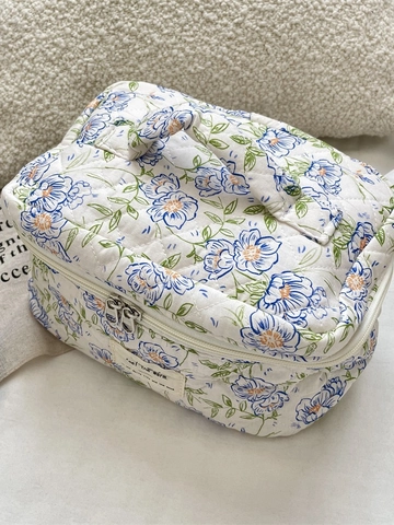 Borsa Per Trucco In Cotone Trapuntato Fiori Blu Grande Capacità Organizzatore Da Viaggio Con Manico Per Donne