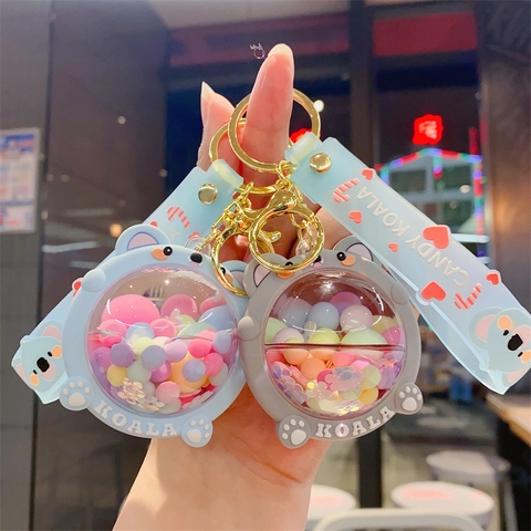 Cartoon Koala Keychain Liquid Quicksand Bag Pendant Acrylic Colorful Beads Silicone Wrist Strap Cute Gift Ornament