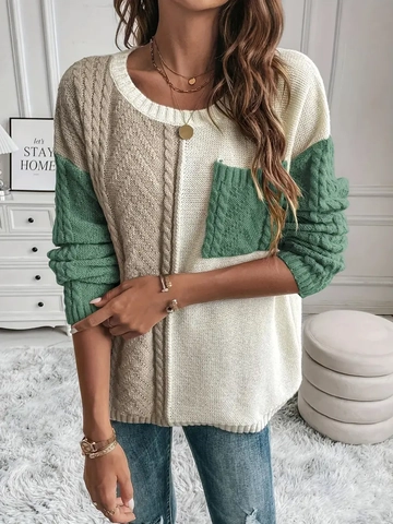 Maglione Trecce Da Donna Color Block Patchwork Manica Lunga Girocollo Morbido Casual Maglia Allentata Top