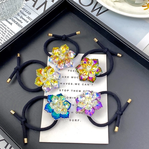 Elastici per Capelli in Cristallo Cangiante a Forma di Fiore per Donna Alta Elasticità Fascia in Gomma Nera Accessori per Capelli Floreali Stile Coreano