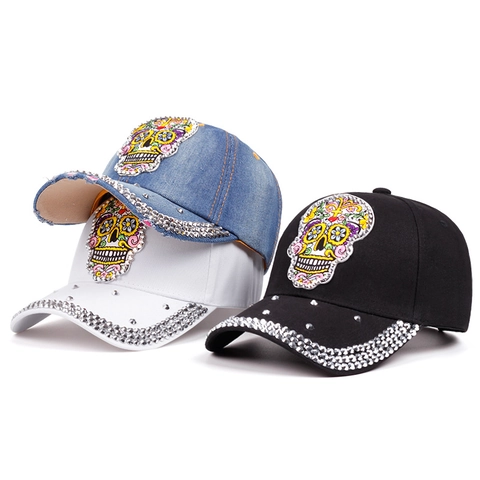 Rhinestone Rivet Sugar Skull Embroidery Cotton Baseball Cap Adjustable Sun Protection Outdoor Sport Hat For Men Women
