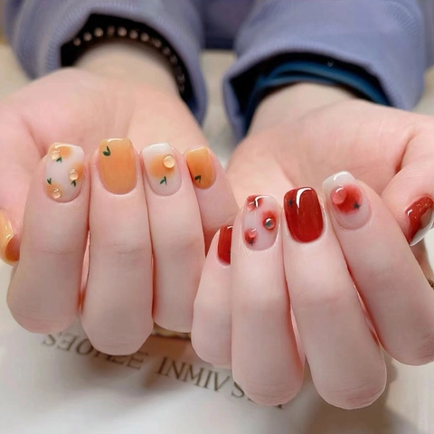 Short Square Press On Nails ABS Plastic Detachable Hand Painted Orange Fruit Cherry Heart Pattern Cute Manicure Women