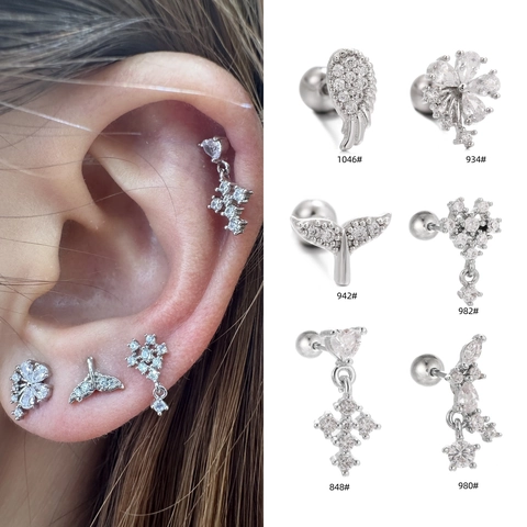Zirkon Ingelegd Koperen Kraakbeen Oorbellen Met Roestvrijstalen Piercing Stud Schroefbal Terug Voor Vrouwen