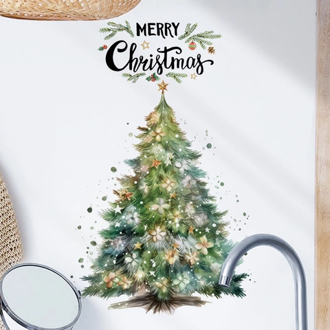 Christmas Tree Wall Stickers PVC Self-Adhesive Removable Waterproof Bathroom Toilet Decoration Watercolour Hand-Painted