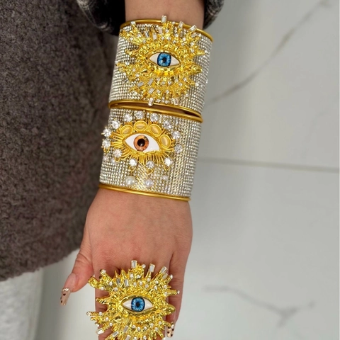 French Retro Luxury Alloy Rhinestone Evil Eye Wide Bangle Fashion Sunburst Runway Cuff Bracelet Artificial Pearl Jewelry For Women
