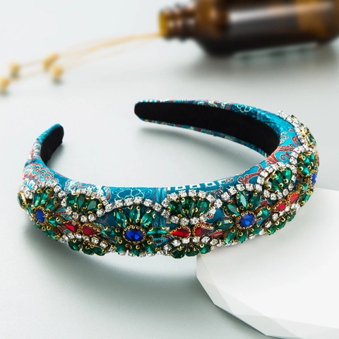 Baroque Vintage Wide Padded Headband Colorful Rhinestone Glass Crystal Flower Inlaid Hair Band For Women Wedding Party Accessories