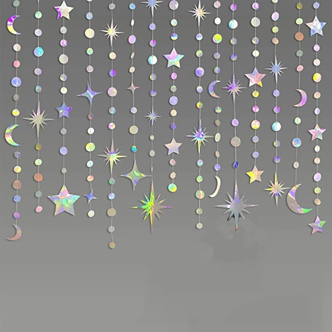 Holografische Iriserende Papieren Ster Maan Stip Hangende Slinger Decoraties Feestartikelen Verjaardag Bruiloft Ornamenten