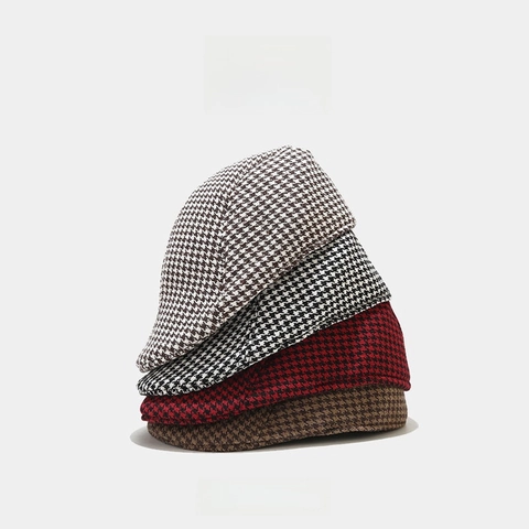 British Retro Houndstooth Beret Hat For Men Women Vintage Flat Cap Newsboy Ivy Cap Autumn Winter Warm Polyester Fashion Hat
